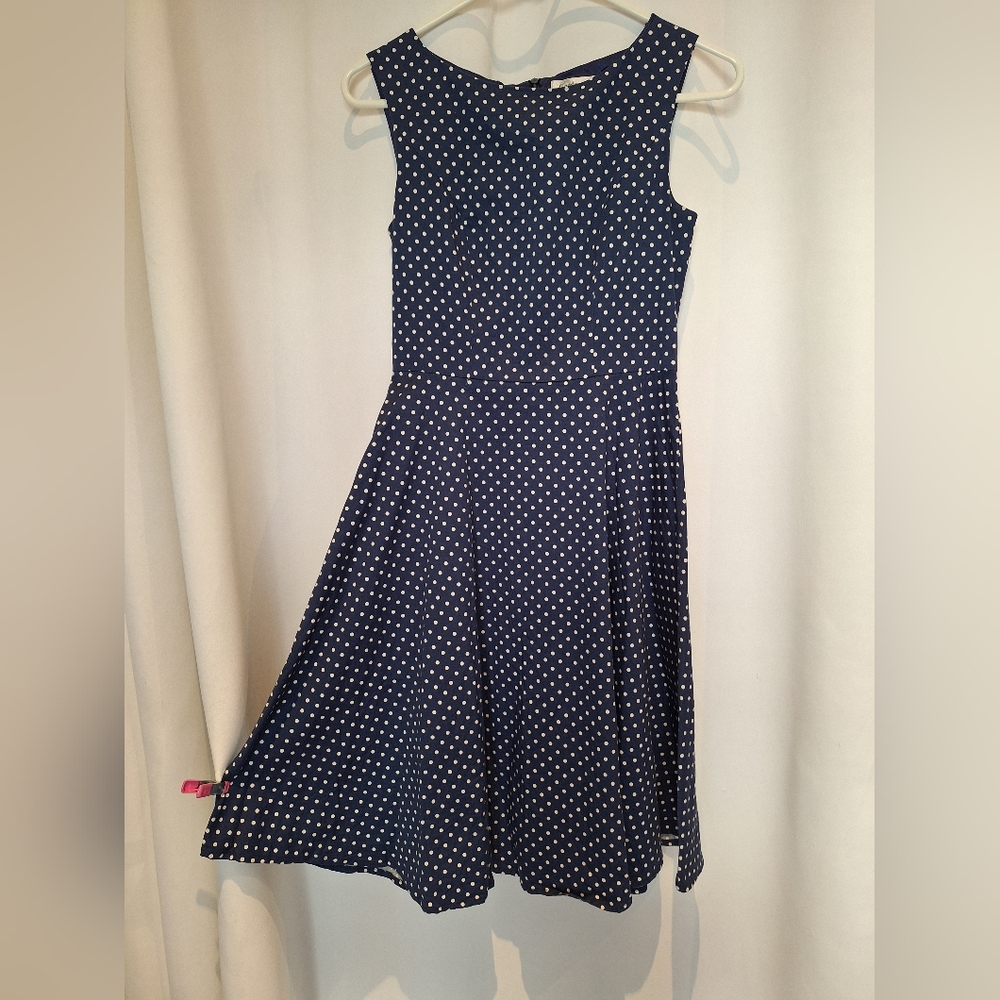 Gardenwed Navy With White Polka Dot Retro Flare Dress Size S